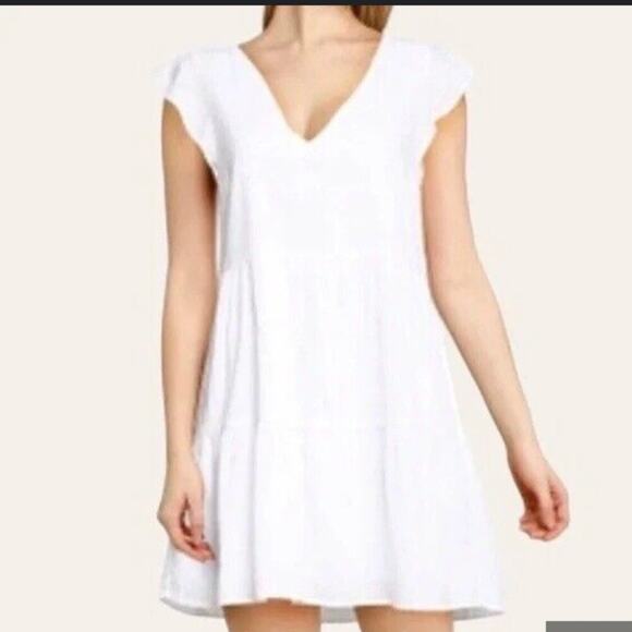 Abercrombie White Cotton Babydoll Mini Dress Tiered Ruffle Sleeves Summer Medium - Picture 1 of 11